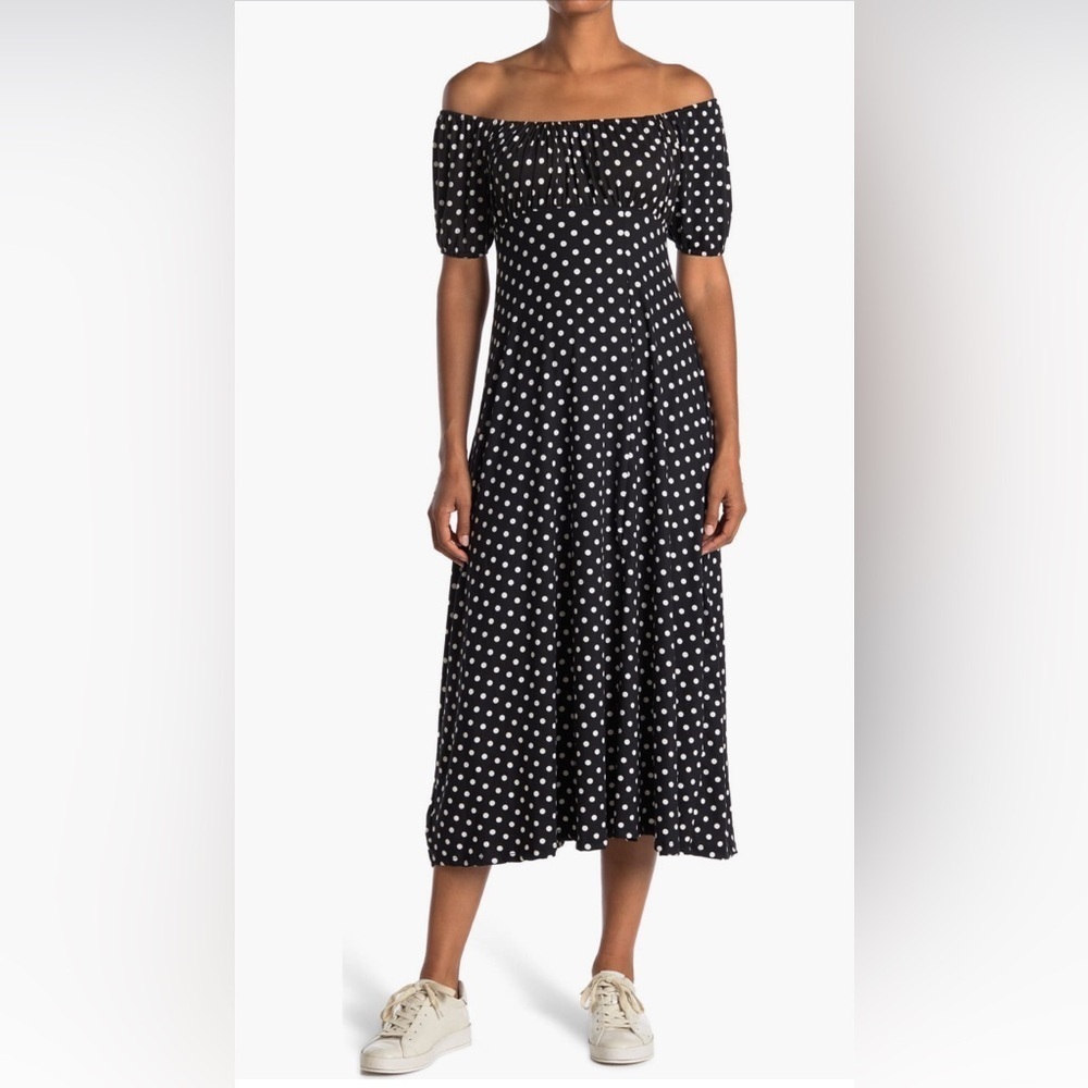 Velvet Torch Puff Sleeve Dress Black Polka Dot Off-Shoulder romantic Dress/L